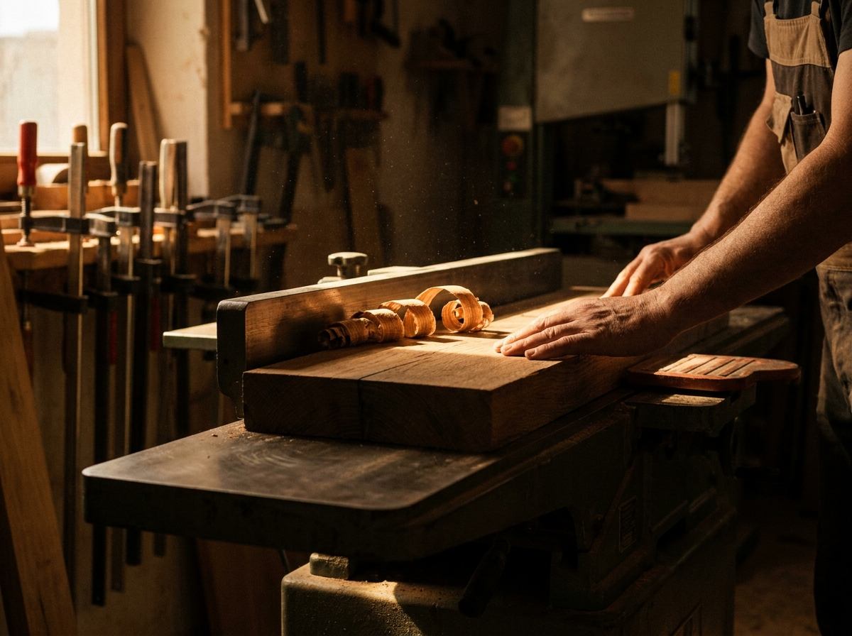Atelier de transformation du bois, copeaux et machine en action