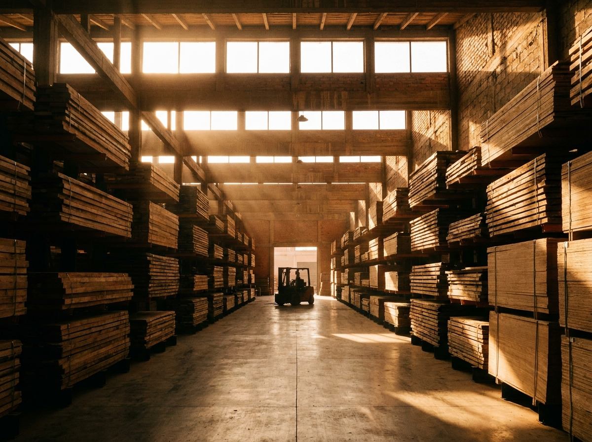 Dépôt de bois : piles de planches classées sous une lumière rasante