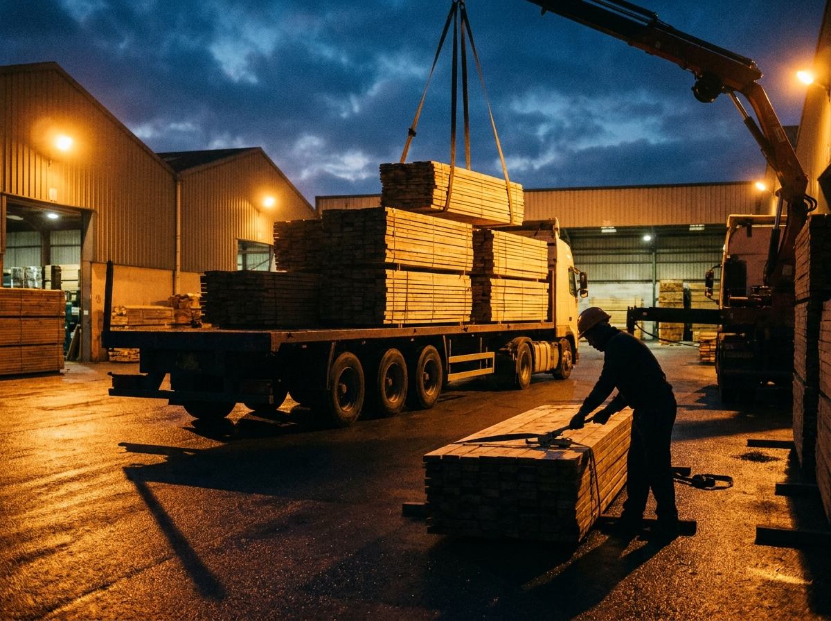 Chargement de bois sur un camion de livraison
